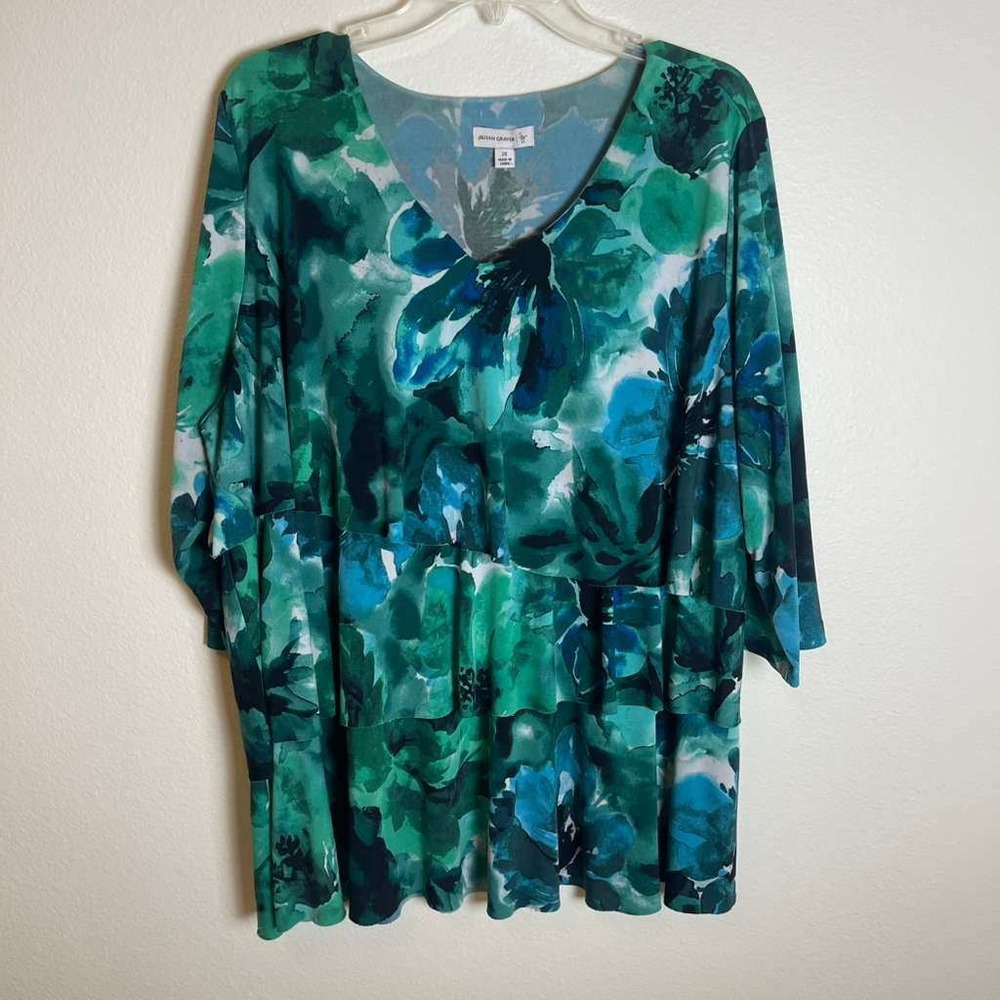 Susan Graver Womens 2X Tiered V-Neck Tunic Top Green Blue Floral 3/4 Sleeve 2904